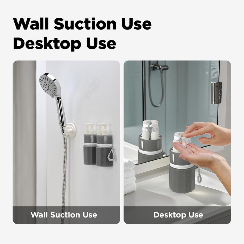 Travel Bottles for Toiletries - TSA Approved Shampoo & Conditioner Set with Suction Cups | Gray