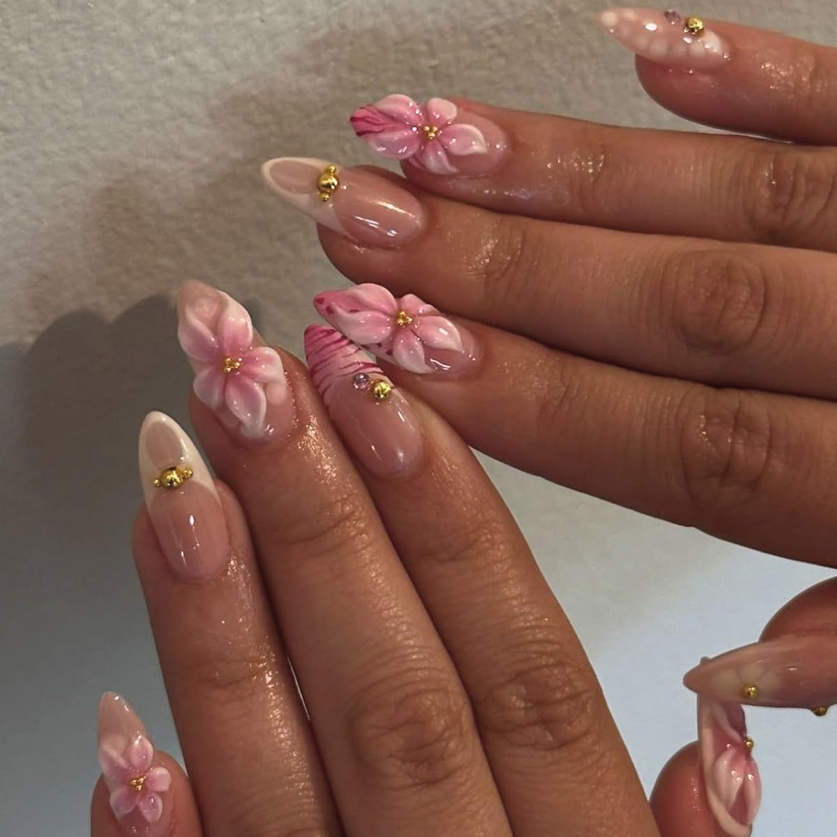 French Tip Almond Press-On Nails - Cat's Eye Acrylic with 3D Charms | 24 Pcs Set