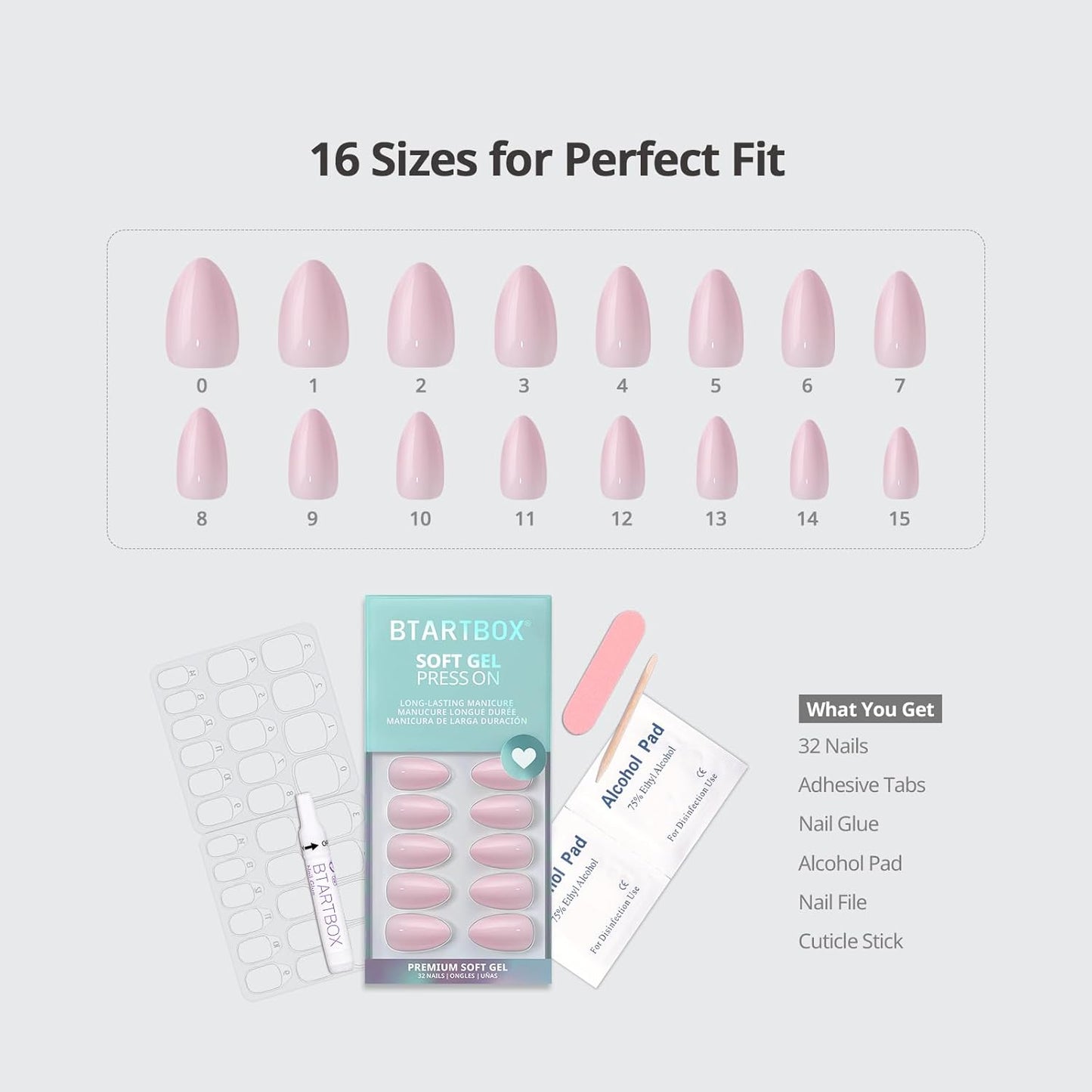 Press On Nails - Easy-to-Apply Light Pink Almond Design | 32 Nails in 16 Sizes with Glue & Adhesive Tabs