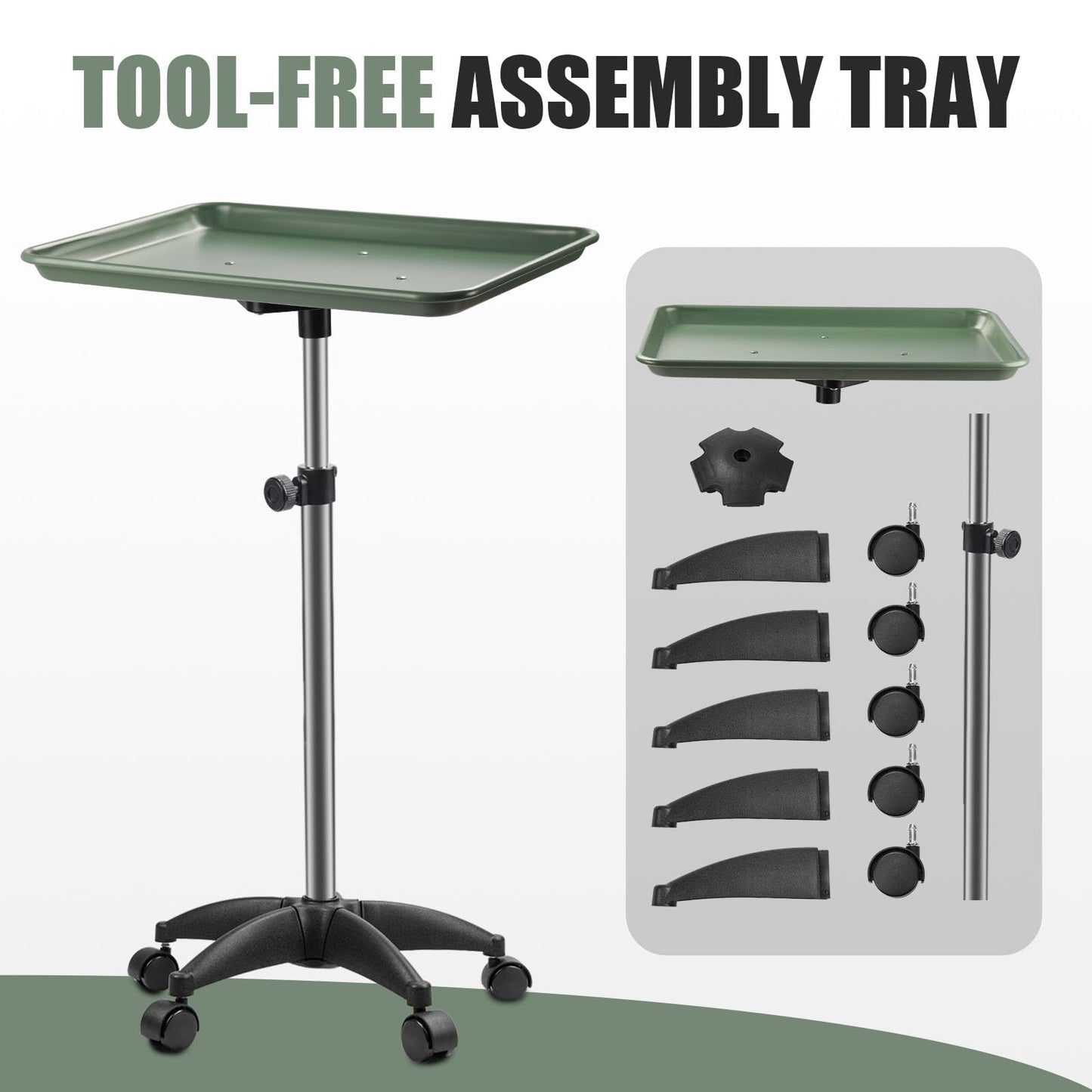 Salon Tray On Wheels Tattoo Tray Rolling Trolley Adjustable Height Storage Utility Cart for Clinic Spa Rolling Tray (Black) (Green)
