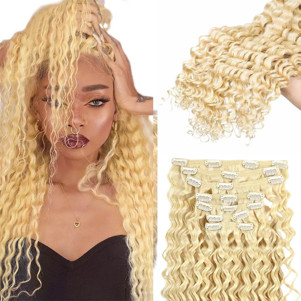 #613 Blonde Clip in Hair Extensions Real Human Hair, 22 Inch 120g/7Pcs,Full Shine Remy Hair,Blonde Deep Wave Clip ins Brazilian Virgin Human Hair Extensions