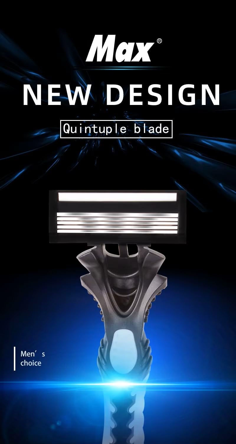 Max Speed 5 Stainless Steel Razors Blades, A Series for Men Shaving, with Lubricated Strip and Ergonimic Handle for Superior Handling Control, 3 Pack.