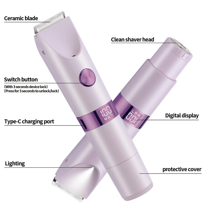 Bikini Trimmer for Women，Dual Head Women Shaver IPX6 Waterproof Cordless Pain Free Hair Removal with Safety Lock Trimmer for Smooth Skin Ideal for Bikini Area Body and Facial Hair (Purple)