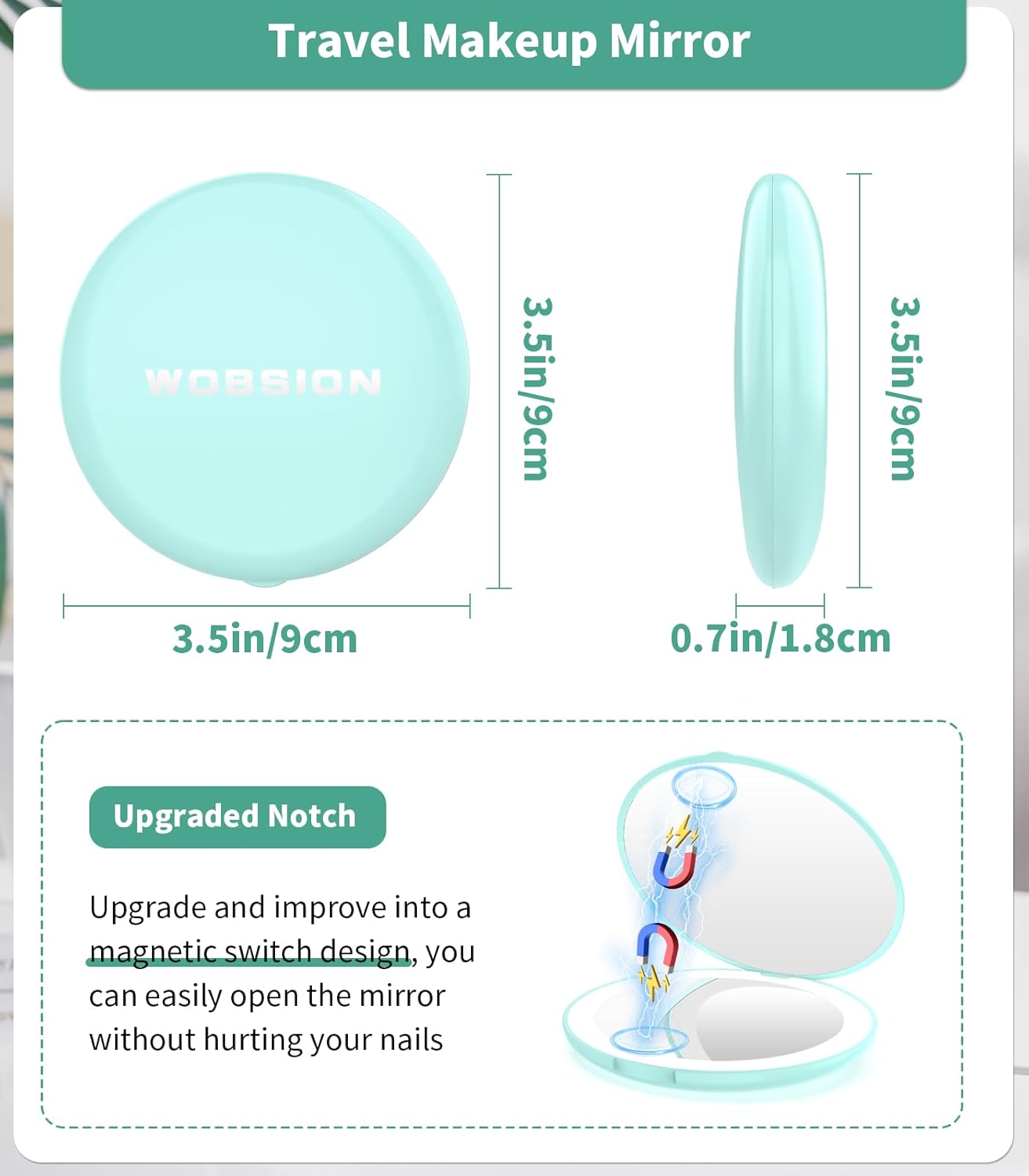 LED Travel Makeup Mirror - 1x/10x Magnification, Compact & Portable | 3.5-Inch, Folding, Handheld, Round, Cyan
