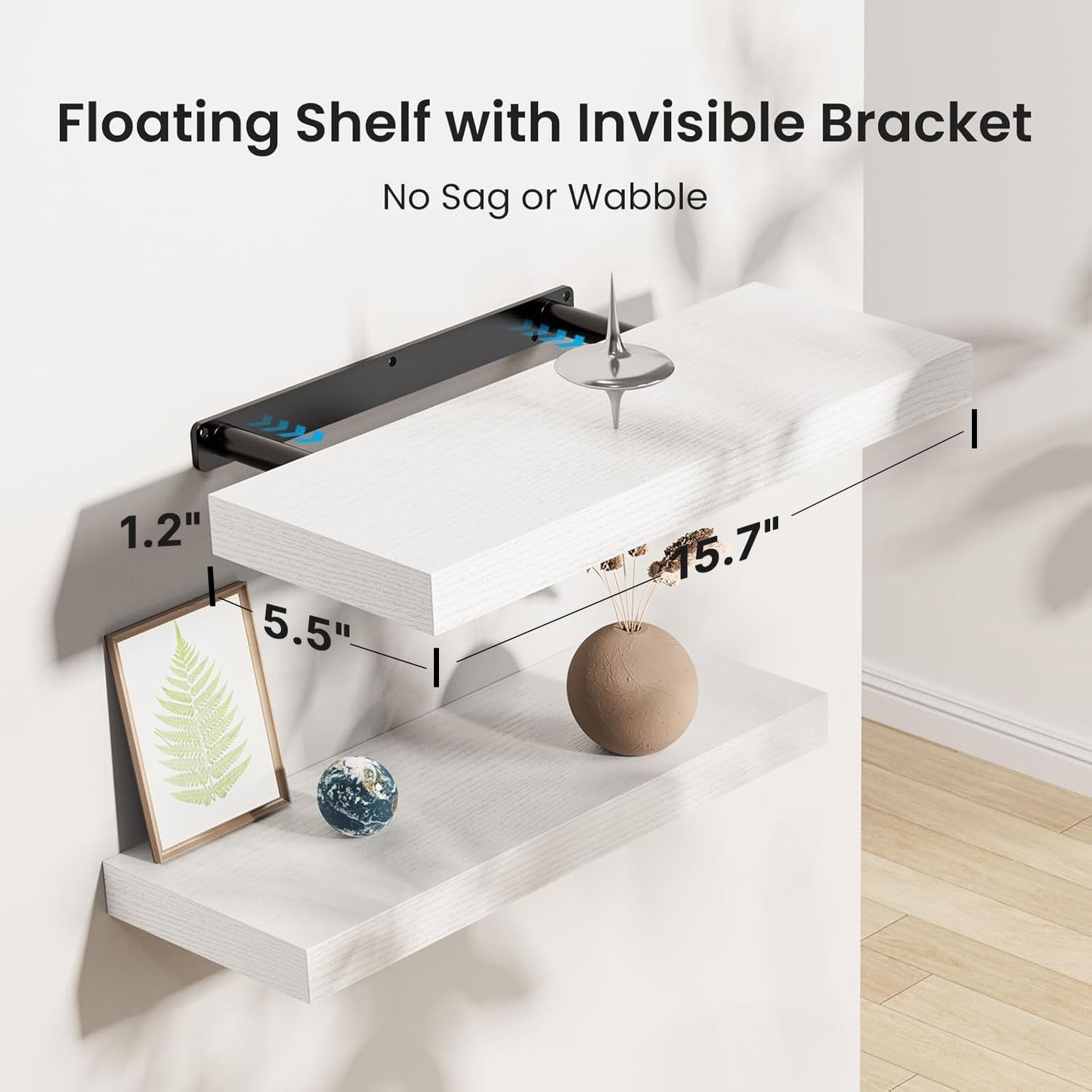 Floating Shelves for Bathroom, Living Room & Kitchen | White Wall Shelves with Invisible Brackets - Set of 3