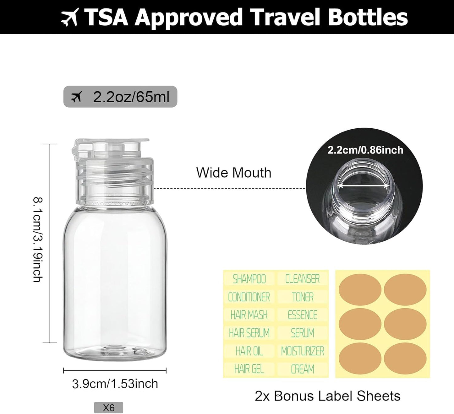 Travel Bottles for Toiletries - 6 Pack Leak Proof 2.2oz Containers | TSA Approved Squeeze Bottles for Shampoo & Conditioner