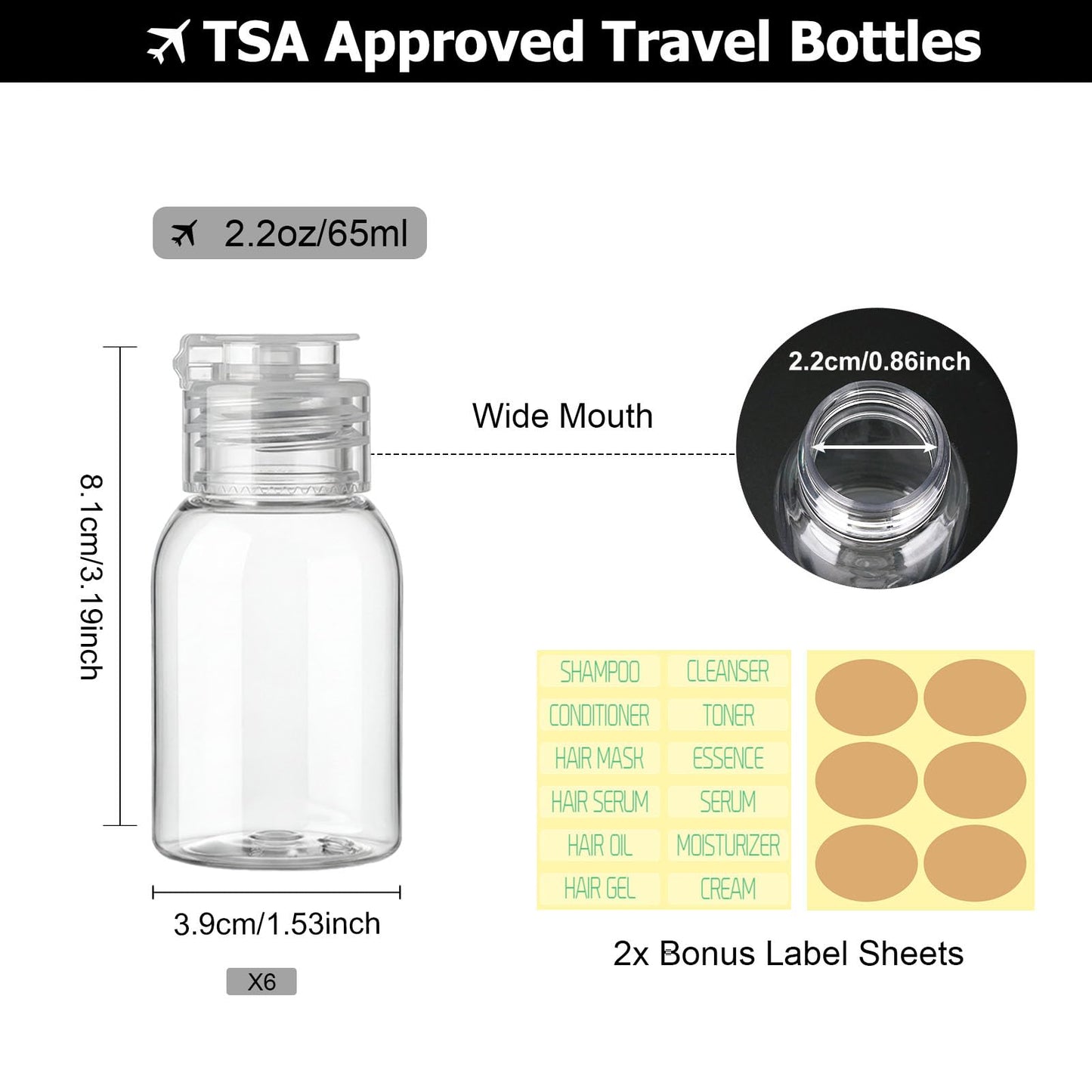 Decorniqu Travel Bottles for Toiletries 6 Pack 2.2oz/65ml Leak Proof Travel Size Toiletries Wide Mouth Containers TSA Approved Squeeze Bottles with Flip Cap for Shampoo Conditioner Body Wash(Clear)