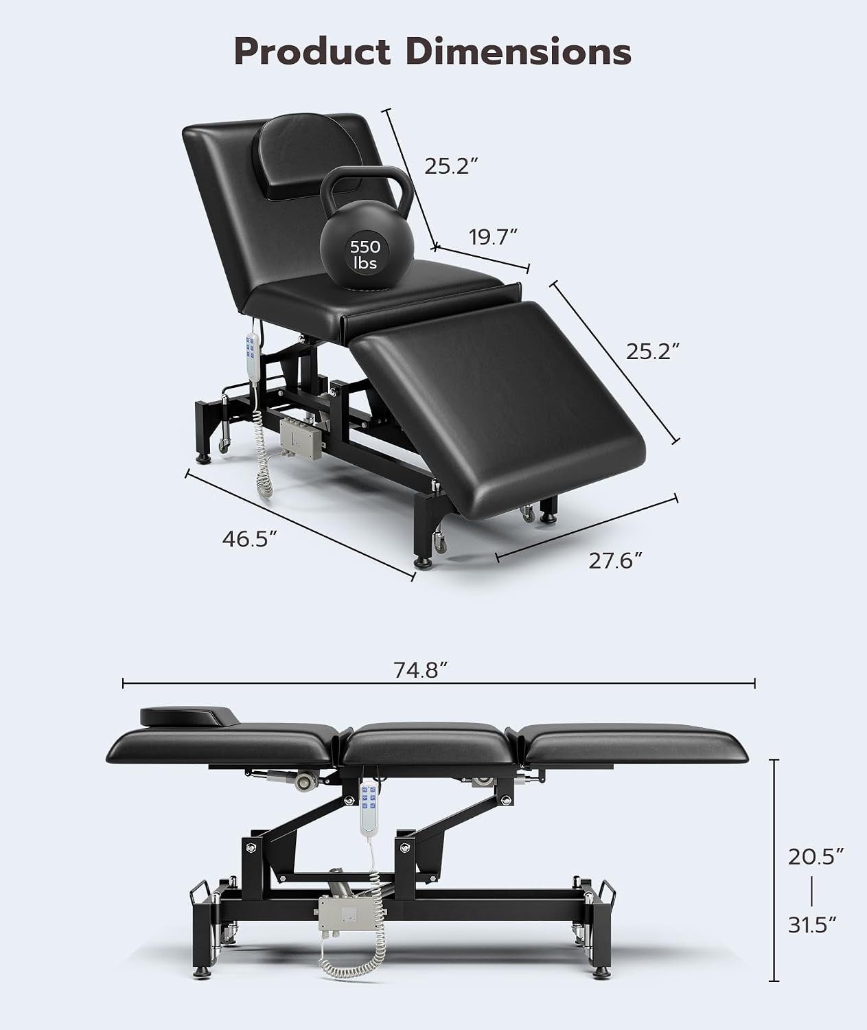 Electric Massage Table Bed - 3-Section Adjustable Therapy Table with Wheels & Stool | Black