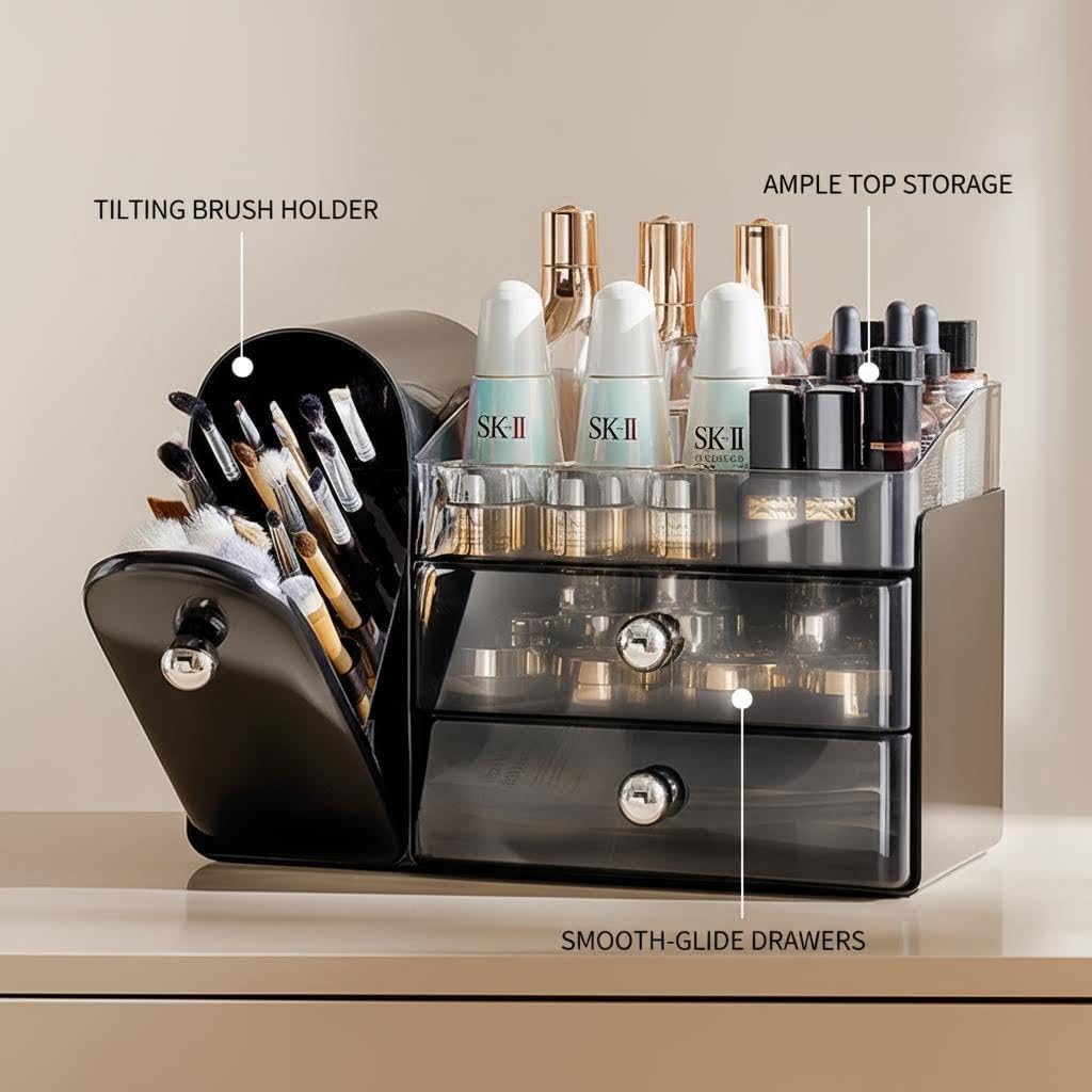 Makeup Organizer with Sliding Brush Holder - Clear Skincare Storage Case for Vanity & Bathroom (Black)