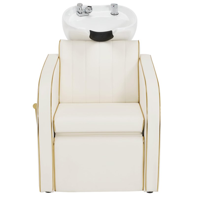 BarberPub Backwash Shampoo Chair and Bowl Set, Adjustable Porcelain Ceramic Wash Bowl Sink Unit, Luxurious Shampoo Station Chair for Spa Beauty Salon Hair Salon 9175 (Luxurious, Cream White)