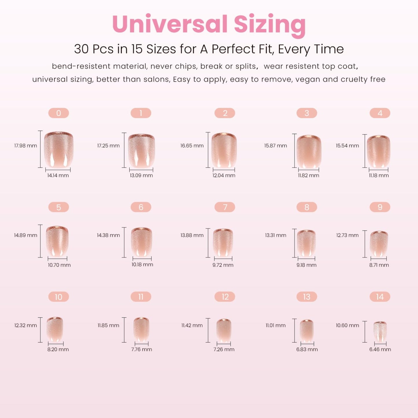 Press On Nails - Shimmer Bright Short Square Fake Nails | Brown French Tip on Neutral Base, Velvet Finish - 30 Reusable Nails in 15 Sizes for Women