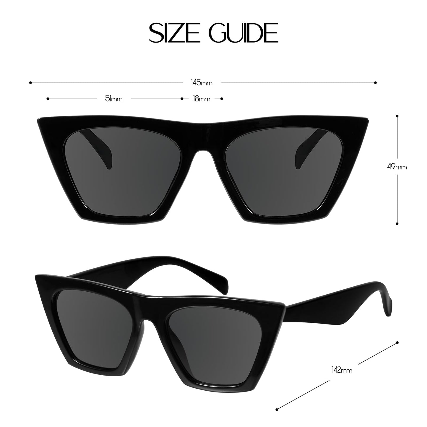 mosanana Cat Eye Sunglasses for Women Trendy Square Cateye Black Retro Cool Vintage Fashion 90s Cute Funky Ladies Small Chunky Unique MS51801