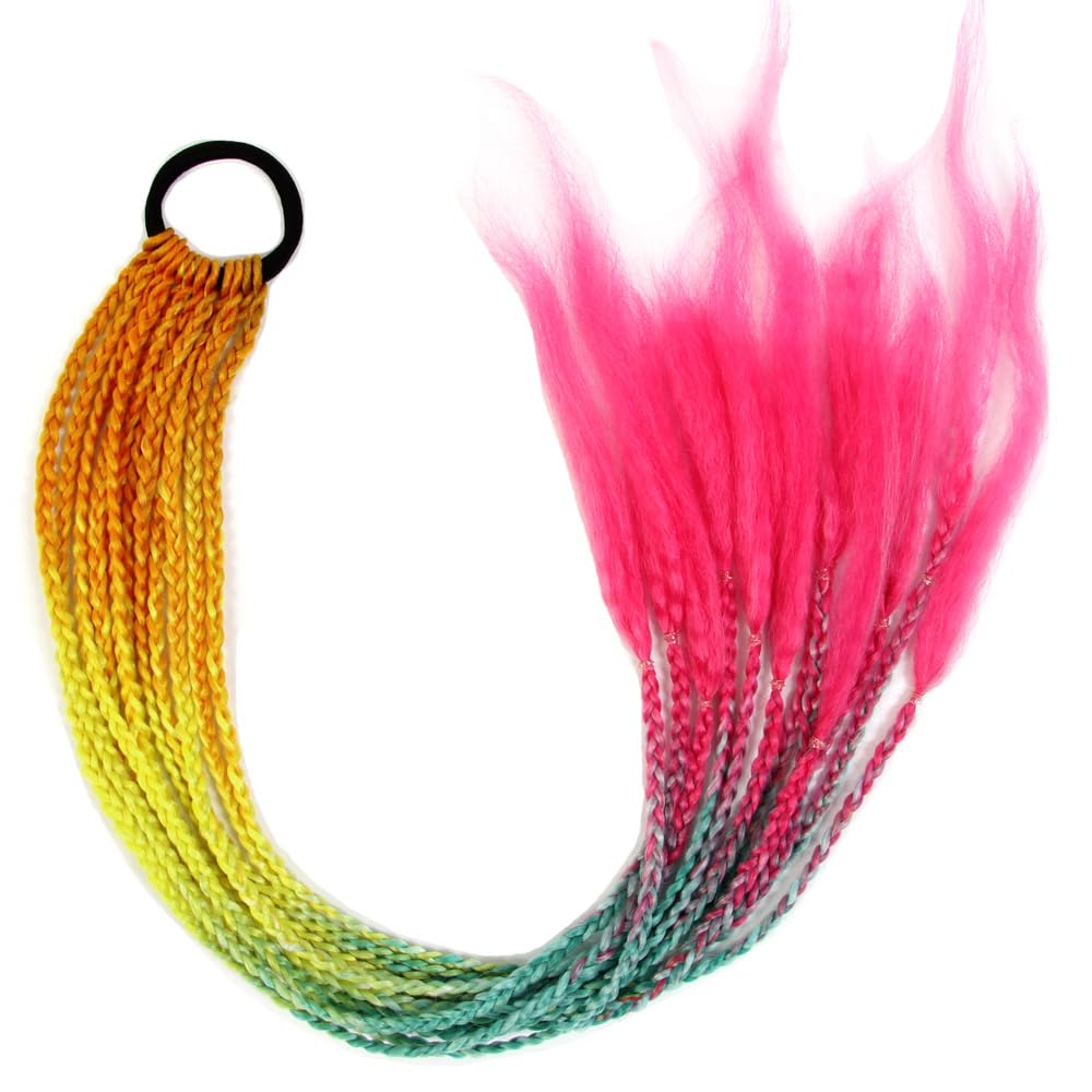 CISINPO 2PCS Rainbow Hair Extensions Braided Ponytail Gradient 24 Inch