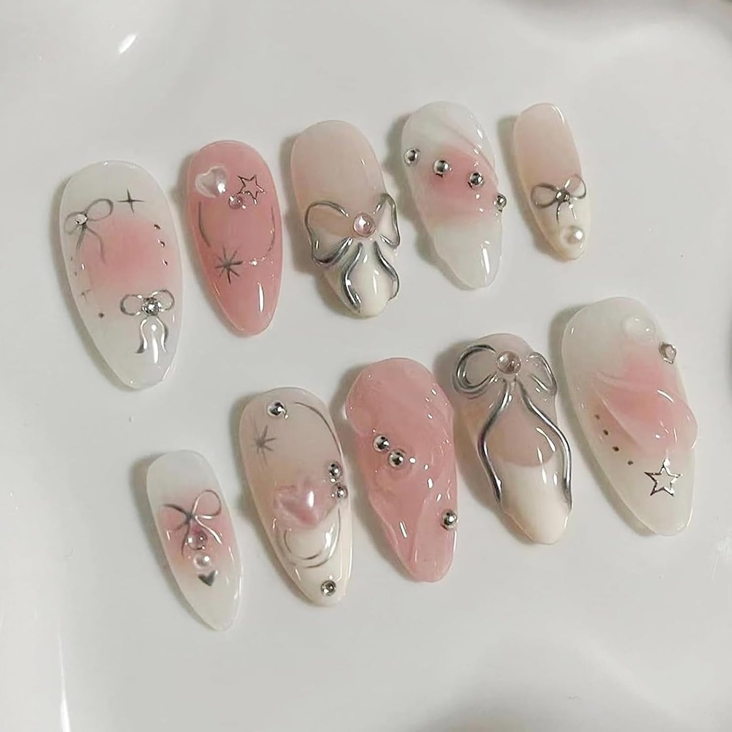 Handmade Press-On Nails - 30 Pcs Medium Almond Shape 3D Flower Design | Reusable Acrylic in Nude & White