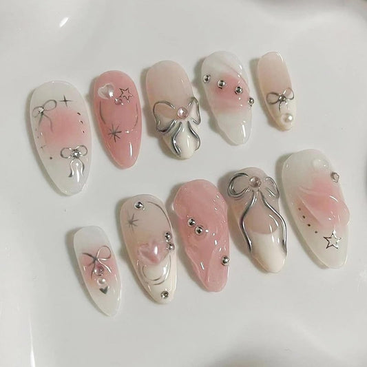 Pink Press on Nails Medium Almond False Nails Gradient Pink White Nails with Silver Bow & Rhinestone Design French Tip Fake Nails Reusable 3D Bow Glue on Nails for Women Party Wedding Manicure 24Pcs