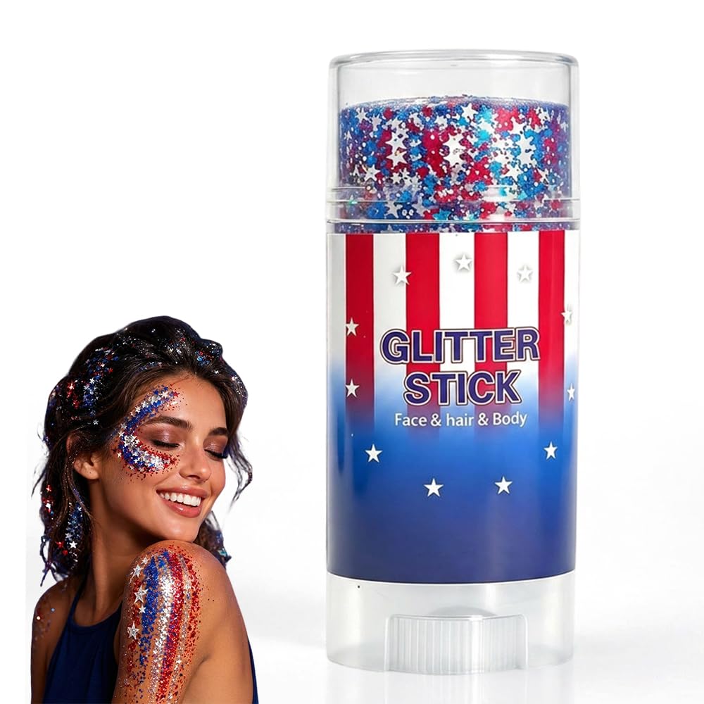 4th of July Glitter Stick, Patriotic Red White and Blue Face Hair Body Glitter Stick, 4th of July Outfits for Women Men, Sparkling Glitter Makeup Accessory for Independence Day (E,1pcs)