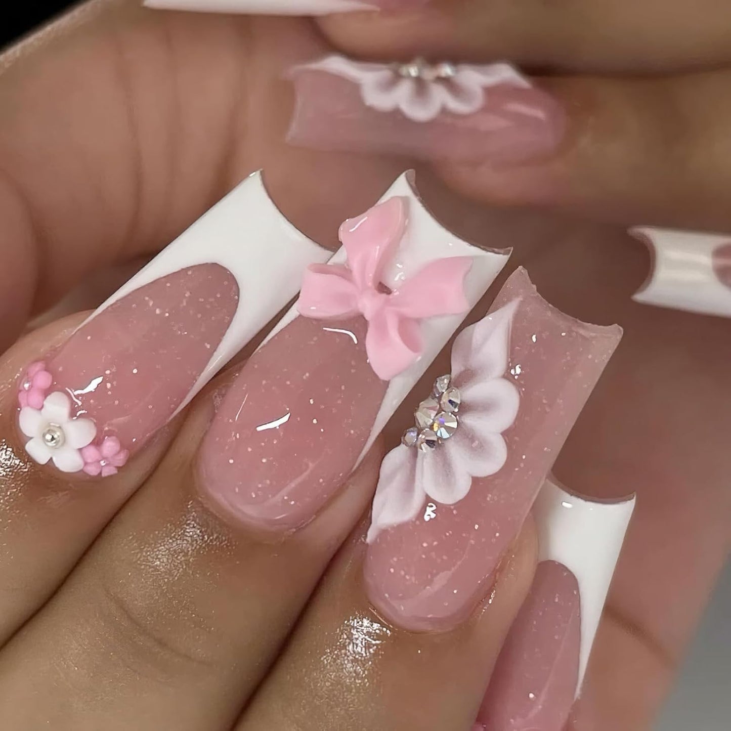 Press On Nails - White French Tip Long Square Design with 3D Flowers & Rhinestones | 24 Reusable Full Cover Nails