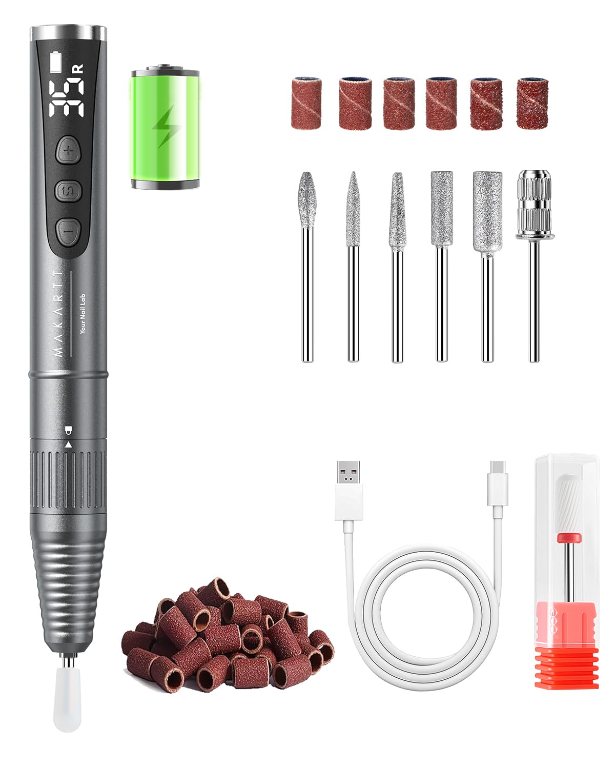 Rechargeable Nail Drill - 25,000 RPM Cordless Electric File with 5-Speed LED Display | Lightweight & Quiet E-File Kit for Gel Polish Removal (Gold)