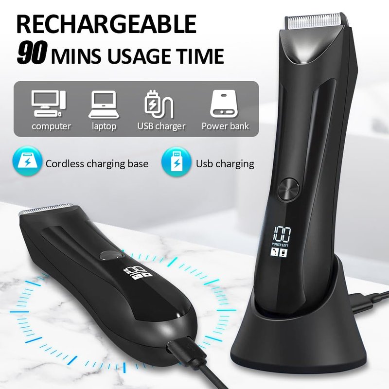 HuanQiuSensmart Men's Trimmer - IPX5 Waterproof Electric Shaving Trimmer with Replaceable Ceramic Blade Head, Body Groomer for Pubic Area, Underarms, Chest, Groin