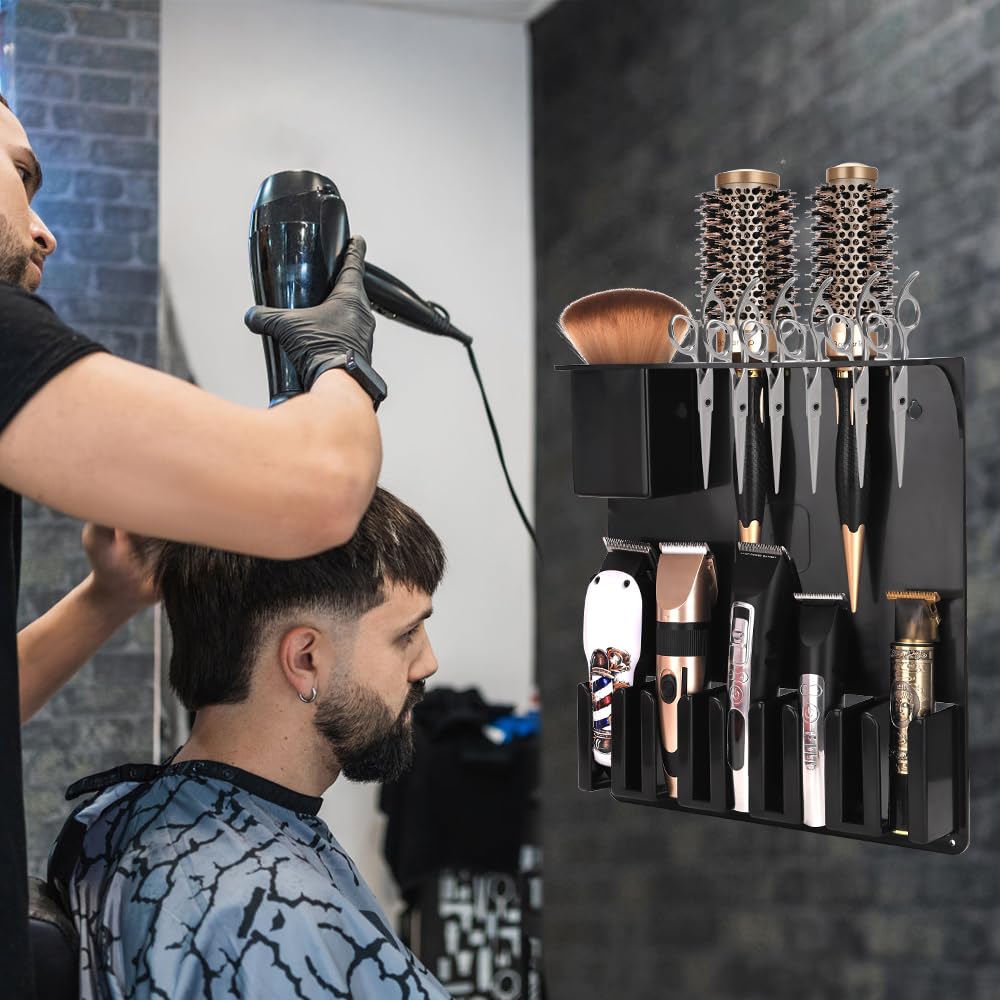 Clipper Holders Barbers Organizer, 13" x 12" x 3" Wall-Mounted Multi-Functional Hair Styling Tool Storage Stand for Clipper, Scissors, Comb, Curling Irons - for Salon, Home Bathrooms, with Screws Kit