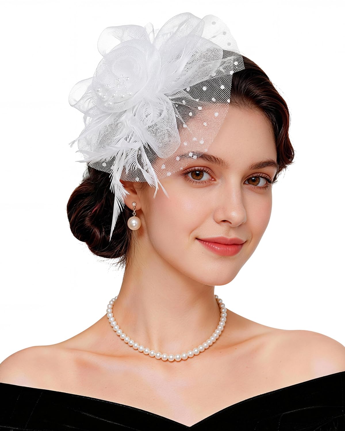 Century Star White Fascinator Kentucky-Derby 2026 Elegant Feather Headband for Women-Tea Party Wedding Hair Clip with Mesh