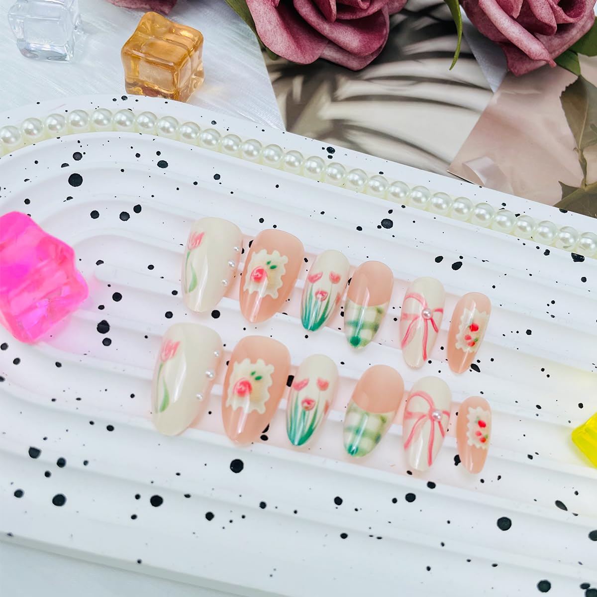 Almond Shape Press-On Nails - Cute Green French Tip with Flower & Strawberry Bow Designs | 30 Pcs Glossy Pink Acrylic for Summer Manicure