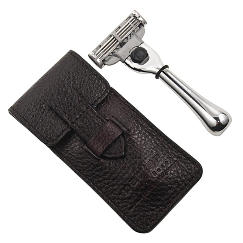 Parker Travel Razor – Compatible with Gillette® Mach3® Cartridges – Compact Chrome Brass Handle with Premium Buffalo Leather Case for Men’s Grooming & Travel