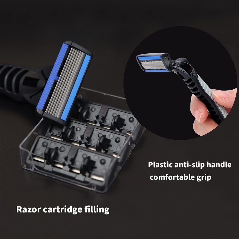 6-Blade Razor,Plastic Anti-slip Men Manual Refill Cartridges razors, Reusable Face Cleansing Care Tool, 24 pcs refill cartridges, Shave Supplies for Men and Women - Black