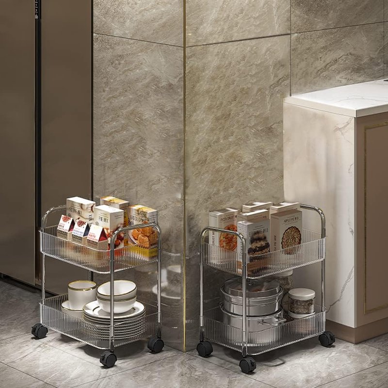 Utility Rolling Cart - 2-Tier Storage Organizer with Wheels | Mobile Trolley for Home, Office, Kitchen - Transparent