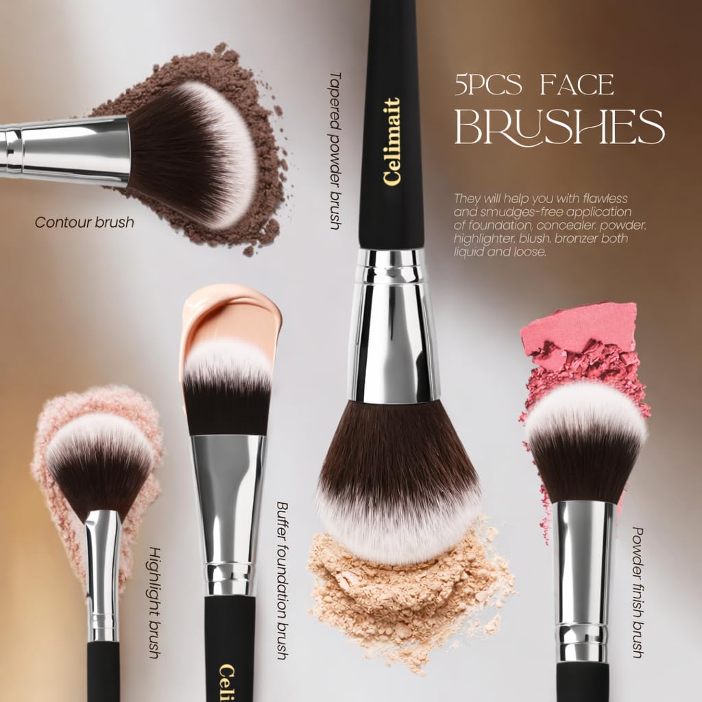 CELIMAIT Makeup Brushes Set with Travel Case, Soft Synthetic Bristles Makeup Brush Kit for Foundation Powder Blush Eyeshadow Concealer, Face Eye Brushes for Daily Use Travel Beginner Friendly, 12PCS