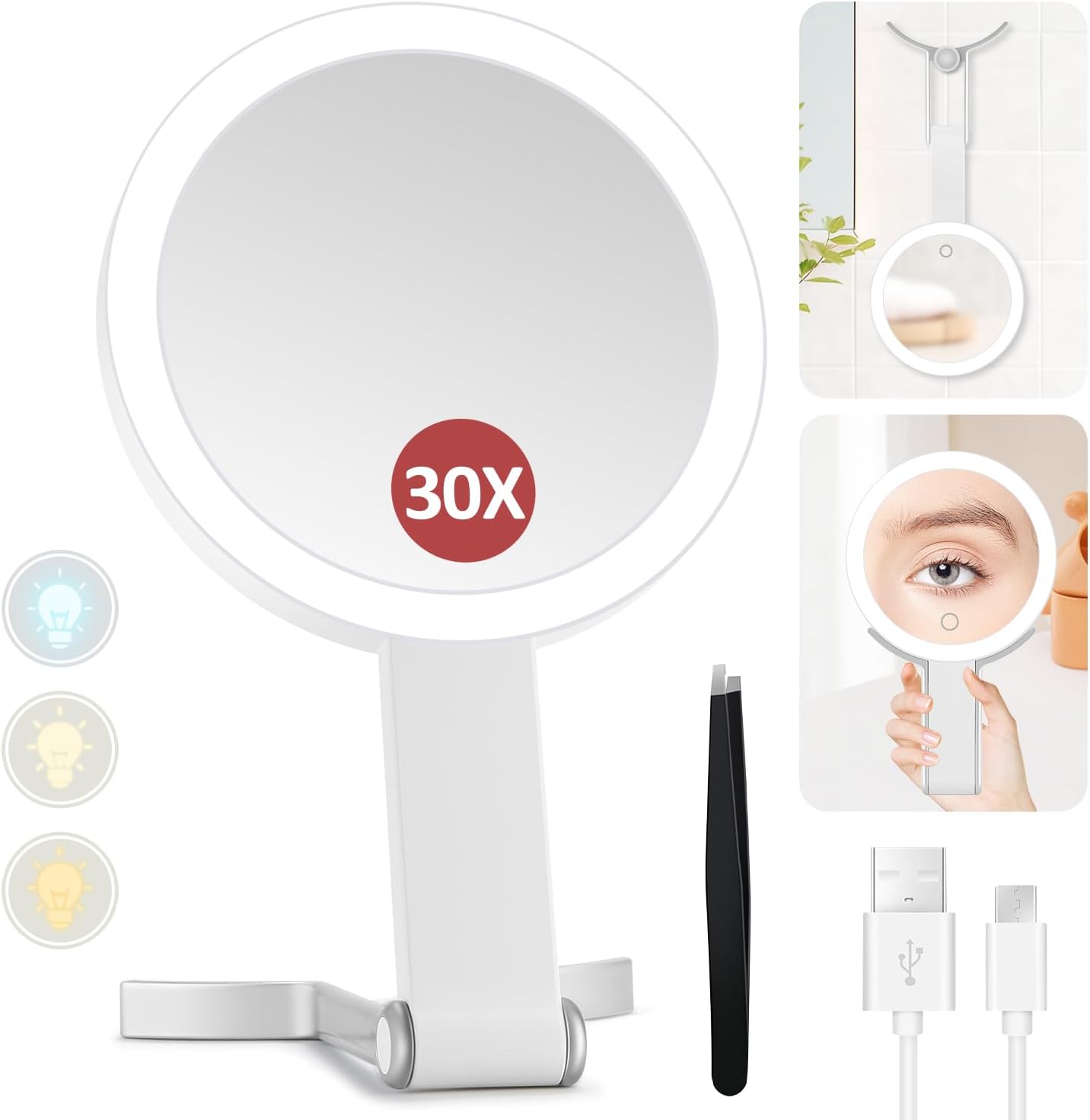 Lighted Makeup Mirror - 30X Magnifying with Adjustable Brightness | Portable Handheld Vanity Mirror for Women