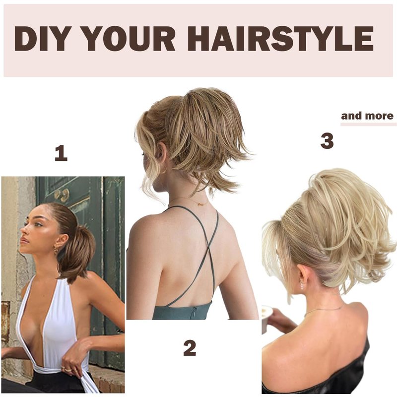 Messy Bun Hair Piece - Claw Clip Short Straight Ponytail Extension | Bendable Synthetic Hair - Deep Blonde with Highlights, 8 Inch