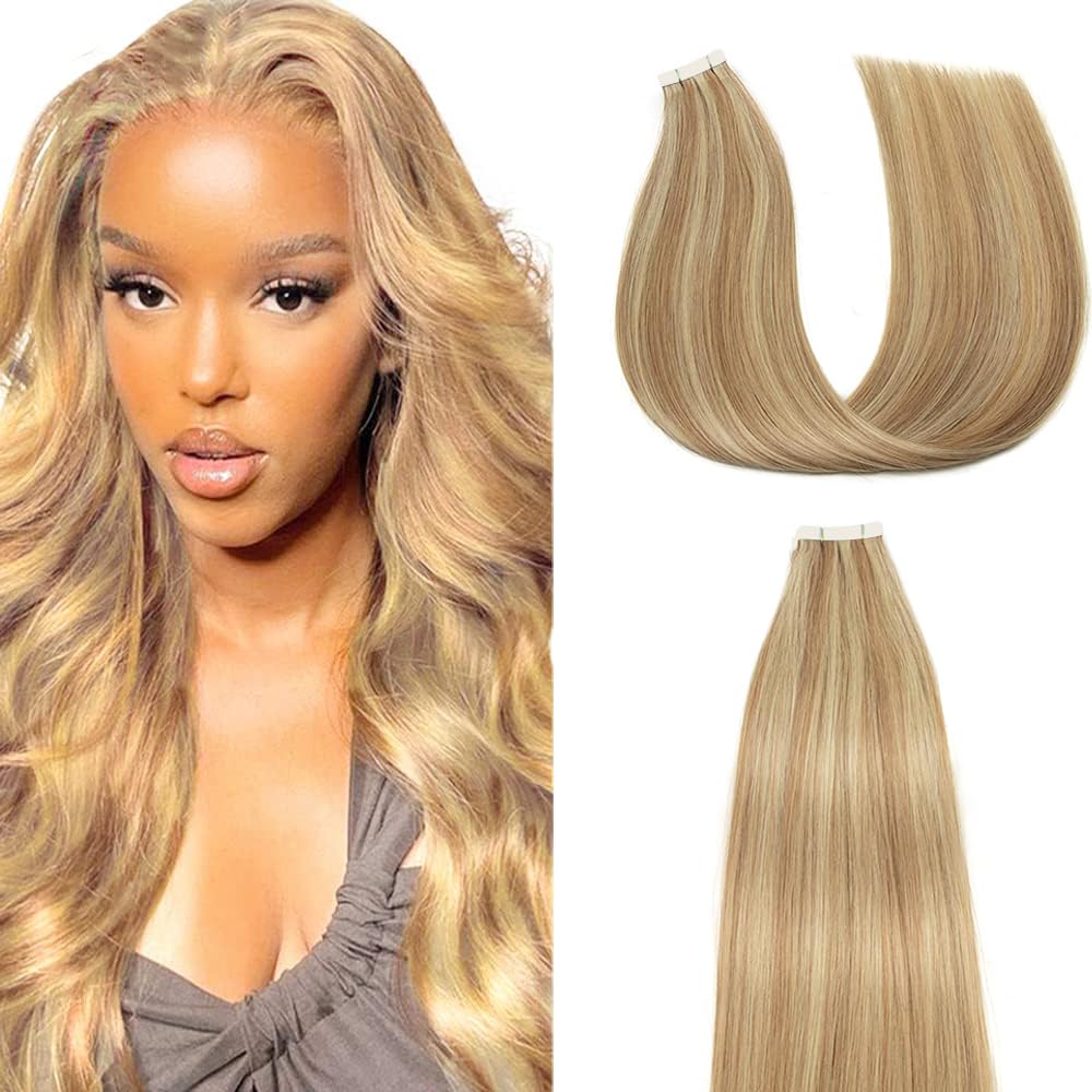 HuxoWax 26 Inch Straight Tape In Human Hair Extensions P27/613 Highlight Blonde Weft Weave 10 Packs Total 40g Honey Blonde Color Invisible Human Hair Tape In Extensions