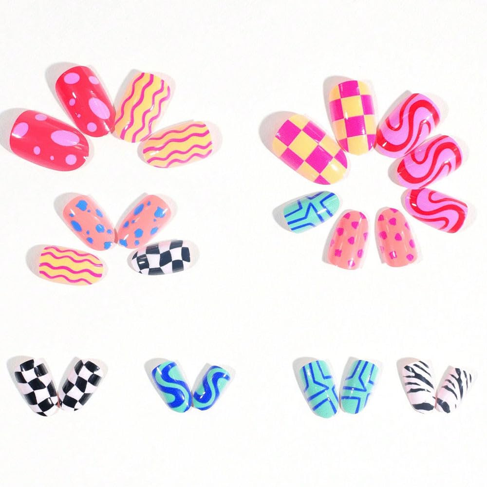 Colorful Press-On Nails - Almond Shaped Acrylic with Checkered Striped Design | 24 Pcs Summer Glossy Full Cover