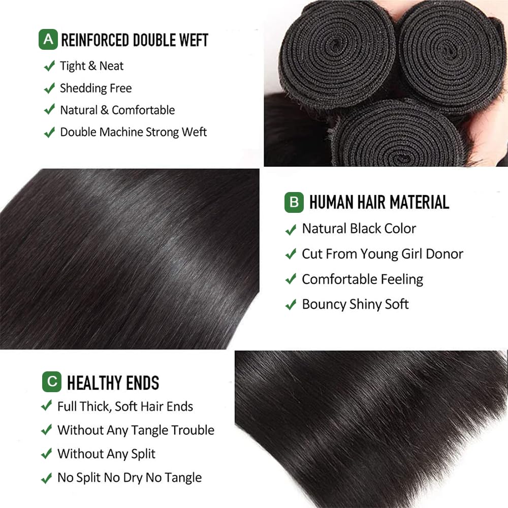 Straight Hair Bundles - 100% Unprocessed Virgin Human Hair | 20-26 Inch, Natural Black, 10A Quality