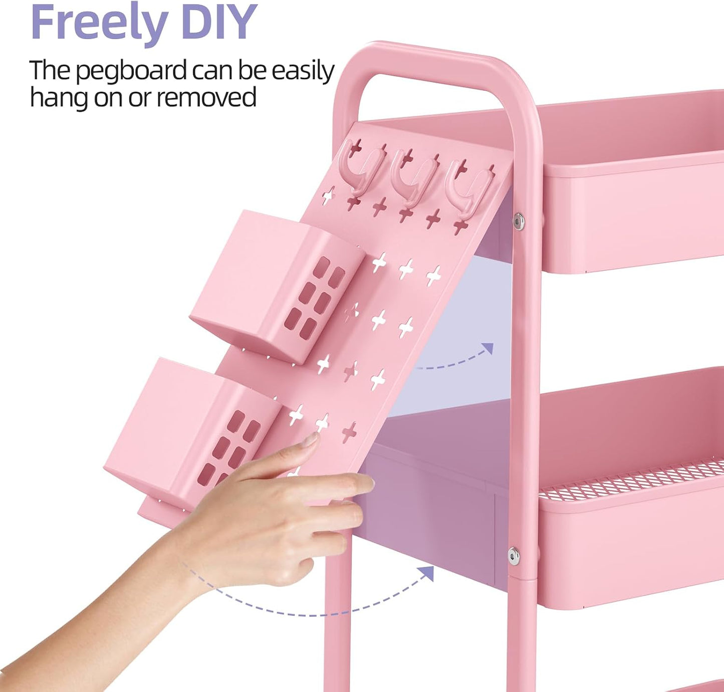 Metal Rolling Storage Cart - 3-Tier Utility Mobile Trolley with DIY Pegboards & Baskets | Pure Pink