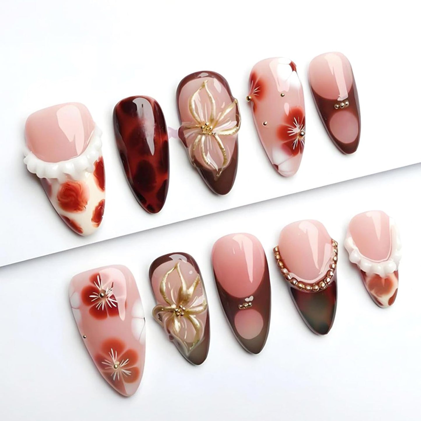 Press-On Nails - 24Pcs Medium Almond Fake Nails with Lotus & Lucky Koi Design | Glossy Full Cover for Spring/Summer DIY Manicure