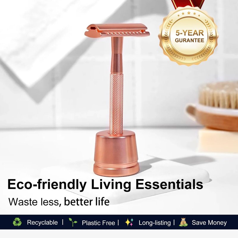 THURLADY Safety Razor with Stand, Single Blade Razors for Women and Men, Reusable Metal Razor, with 10 Double Edge Blades, Smooth Close Shave, Plastic Free, Rose Gold