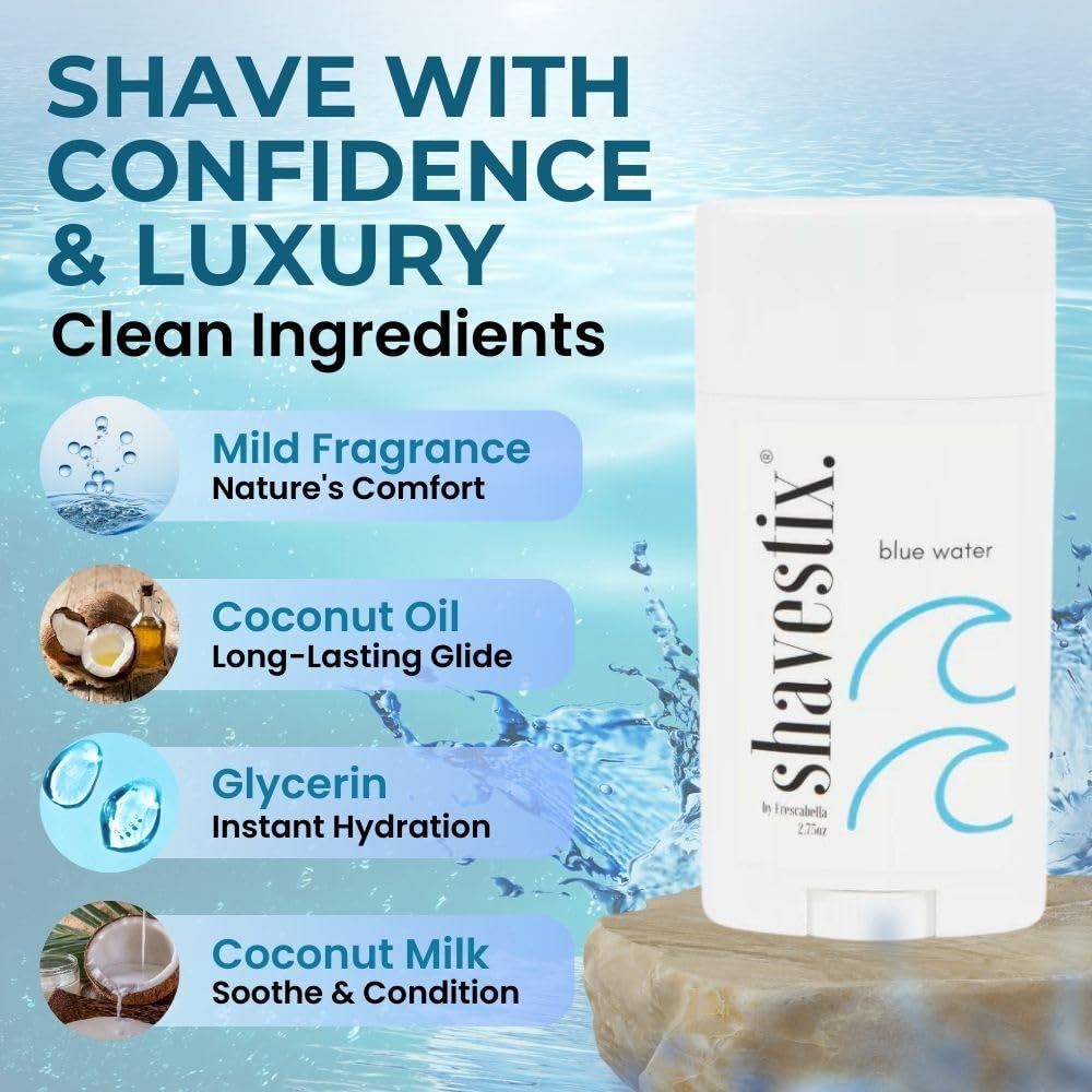 Travel Shaving Cream Stick 2.75 Oz | Blue Water Scented Coconut Based Razors, Shavers Friendly Hair Removal Cream Bar | Shavestix Shave Stick Sub Foam, Gel, Soap, Shaving Cream Women, Men