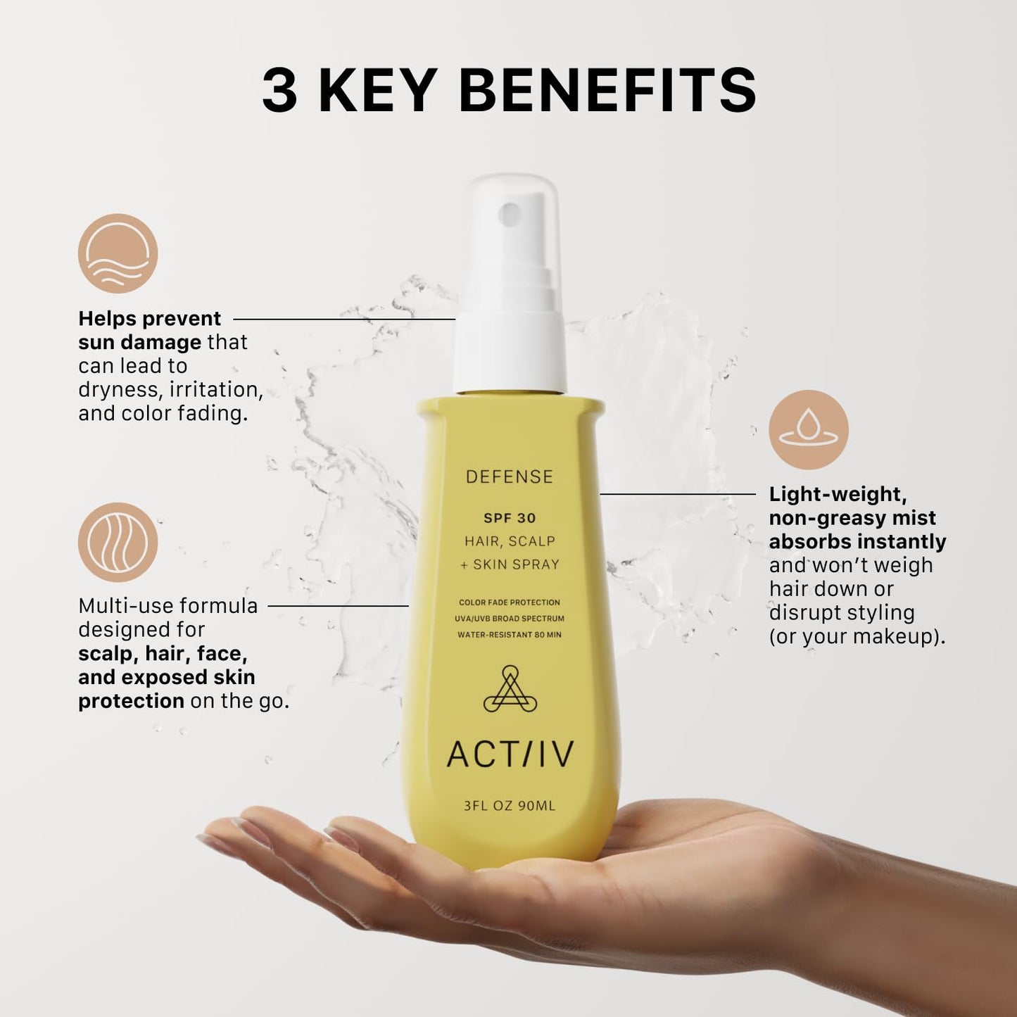 ACTIIV Defense SPF 30 Hair, Scalp & Skin Spray - UV Protection, Lightweight & Water-Resistant | 3 oz