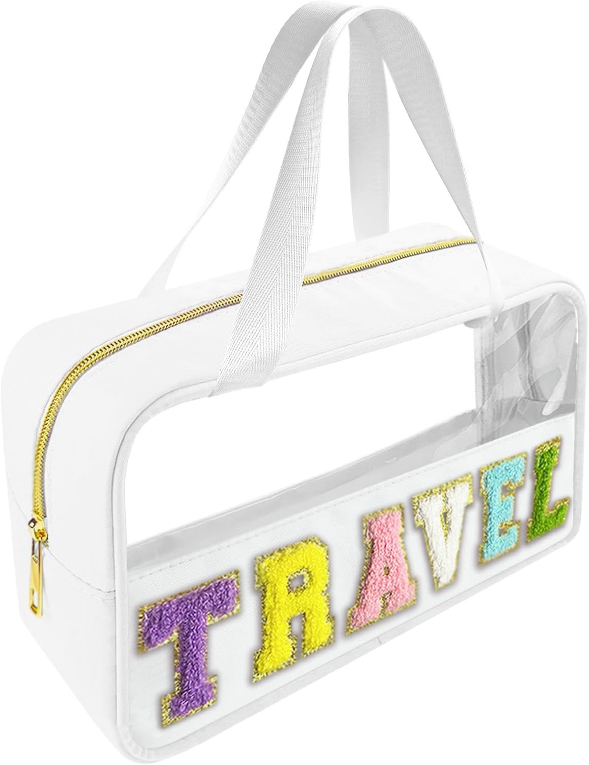 Chenille Letter Clear Makeup Bag - Waterproof Travel Toiletry Bag with Handle | Preppy Dance Patch Design (Black)