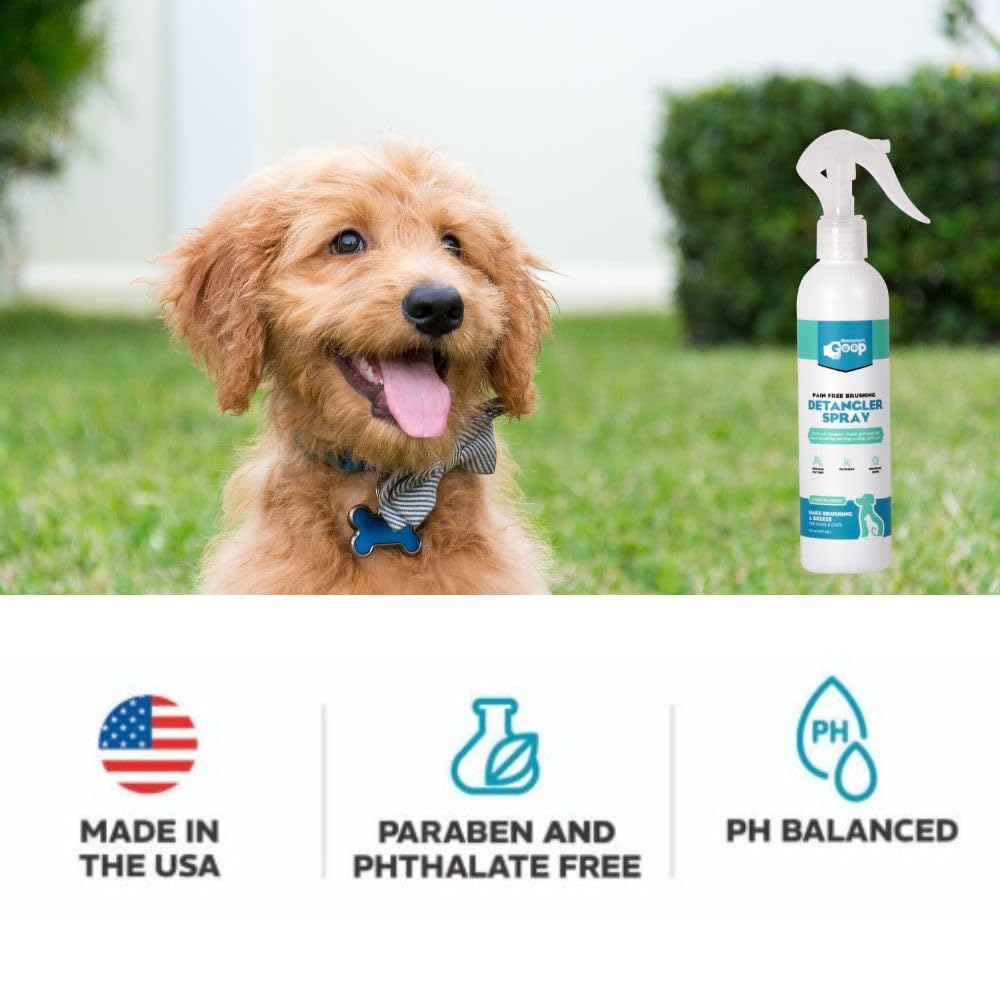 Groomer’s Goop Pain Free Brushing Detangler Spray – Tangle-Reducing Leave-in Formula Softens & Smooths Dog & Cat Coats, Gently Removes Dirt & Loose Fur, Reduces Shedding, Dye-Free – 8 oz Bottle