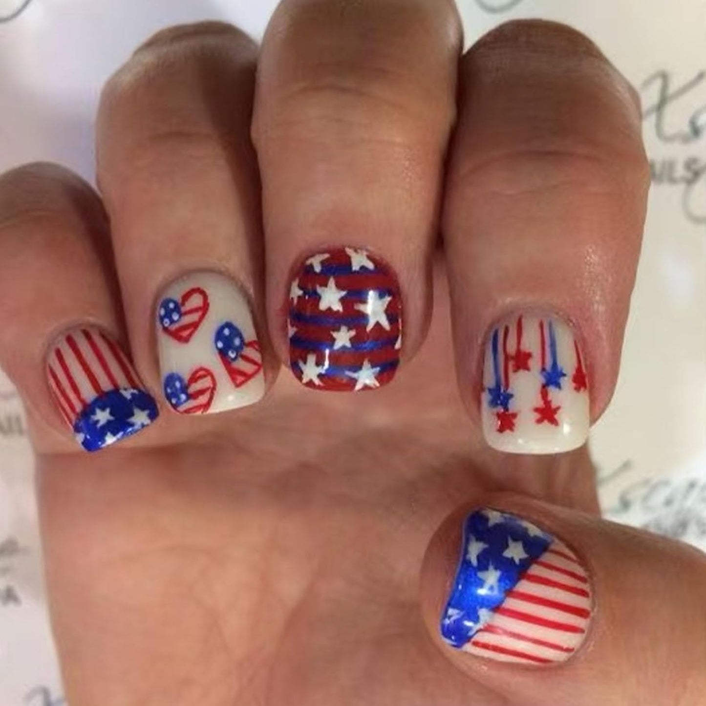 Press On Nails - Medium Square American Flag Glitter Design | 24Pcs Red, Blue & Gold 4th of July Fake Nails