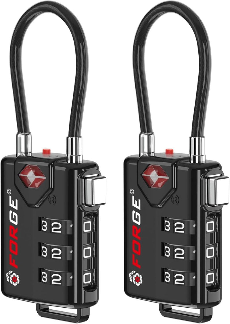 TSA Approved Cable Luggage Locks - Re-settable Combination Alloy Body | 2 Pack, Black