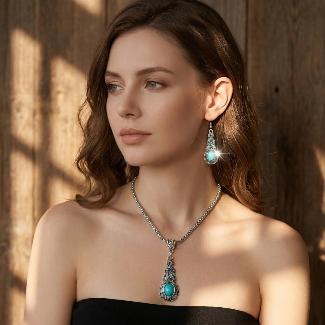 2-Piece Turquoise Style Jewelry Set for Women – Vintage Western Necklace and Drop Earrings – Boho Teal Statement Accessories