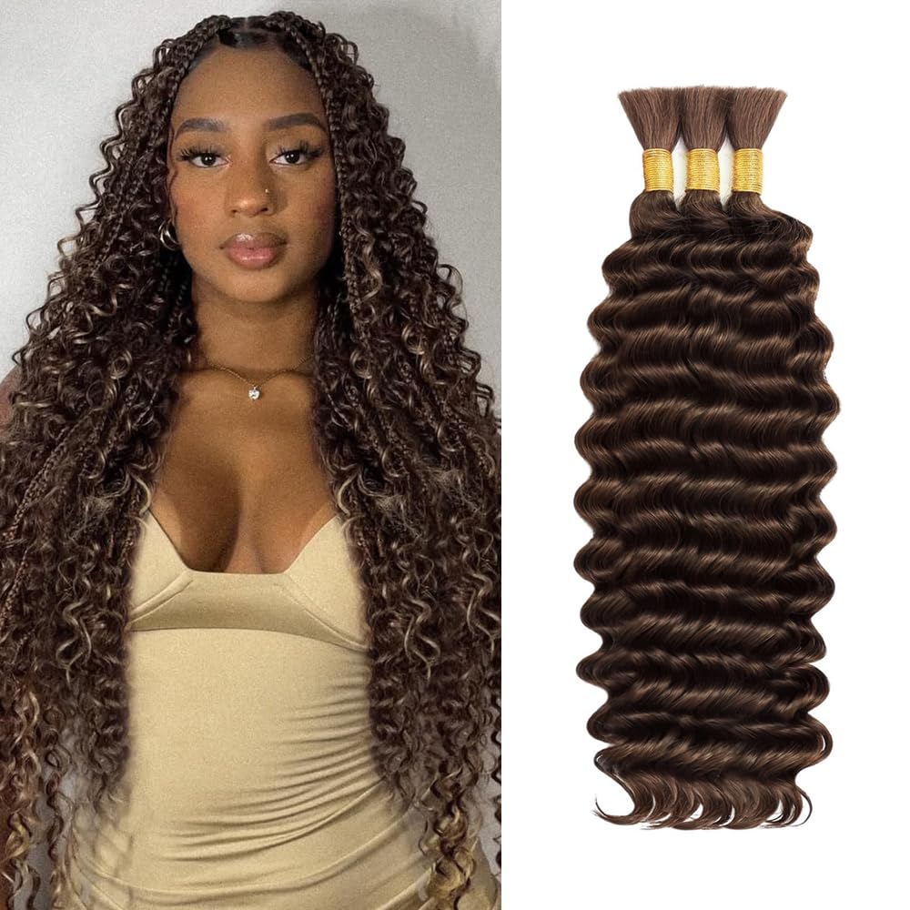 Boho Hair for Braiding Deep Wave Bulk Human Hair for Braiding 16 16 16 Inch No Weft Brown Deep Wave Bulk Bohemian 3 Bundles 150g