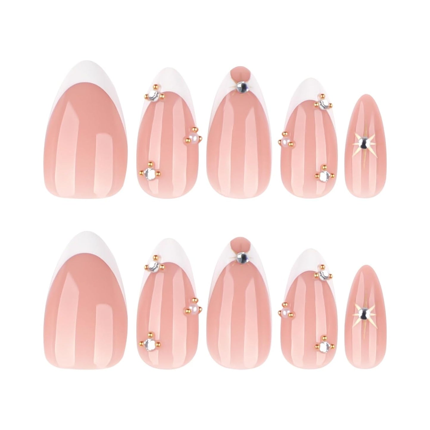 Press On Nails - French Tip Rhinestone Design | Medium Almond Glossy Full Cover - 24 Pcs for Women