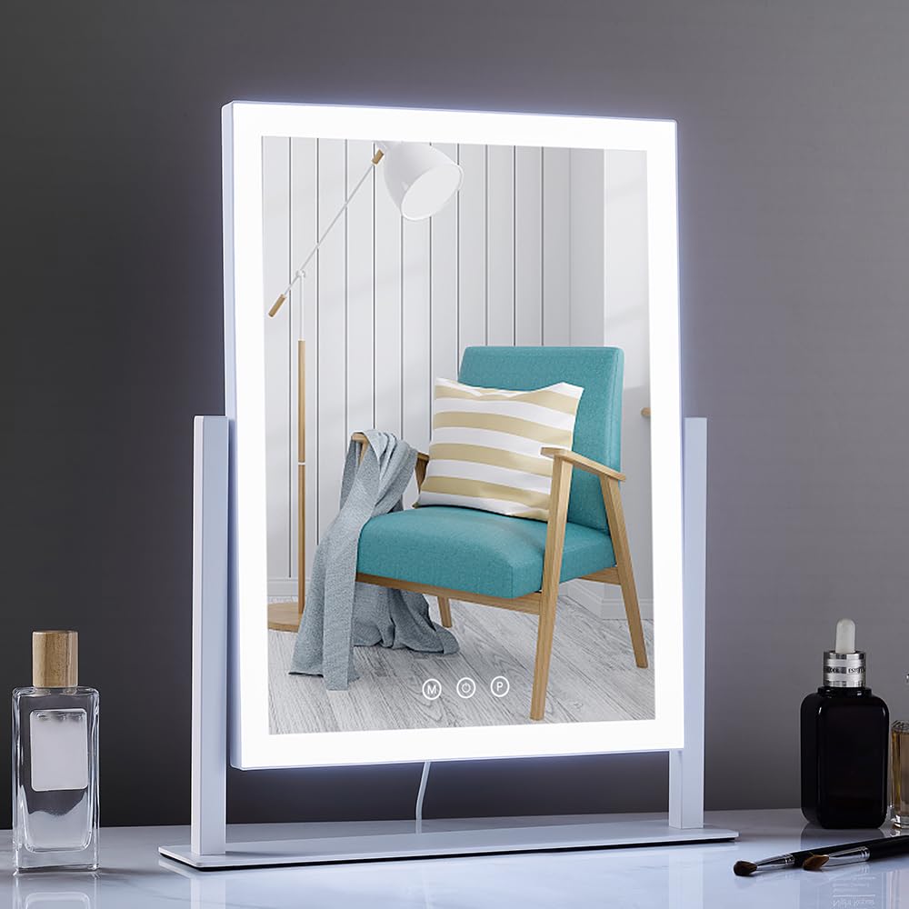 HIEEY Lighted Makeup Mirror, 17.3" x 13" Hollywood Vanity Mirror with Lights, Three Color Lighting Modes, and 5X Magnification Mirror, Smart Touch Control, 360°Rotation (White,Gift Box)