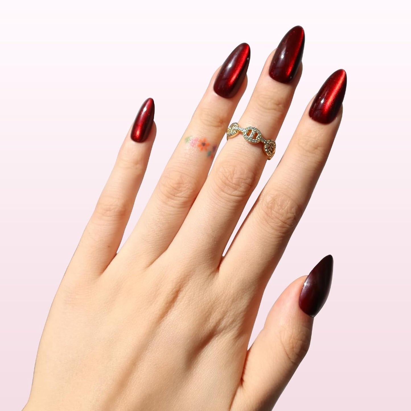 Burgundy Red Press On Nails | Medium Almond Cat Eye Velvet Finish | Natural Reusable Opaque Stick-On Nails - 30 Piece Kit with Glue