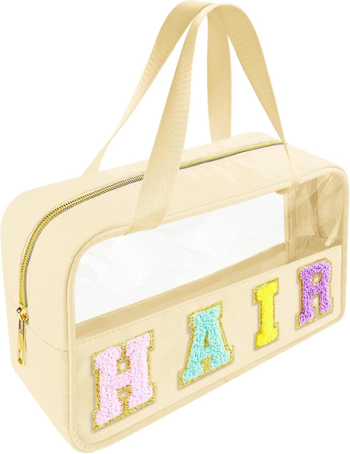 Chenille Letter Clear Makeup Bag - Waterproof Travel Toiletry Bag with Handle | Preppy Dance Patch Design (Black)